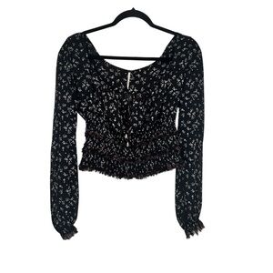 Free People Lolita Peasant Floral Black Long Sleeve Top Size Small Sheer